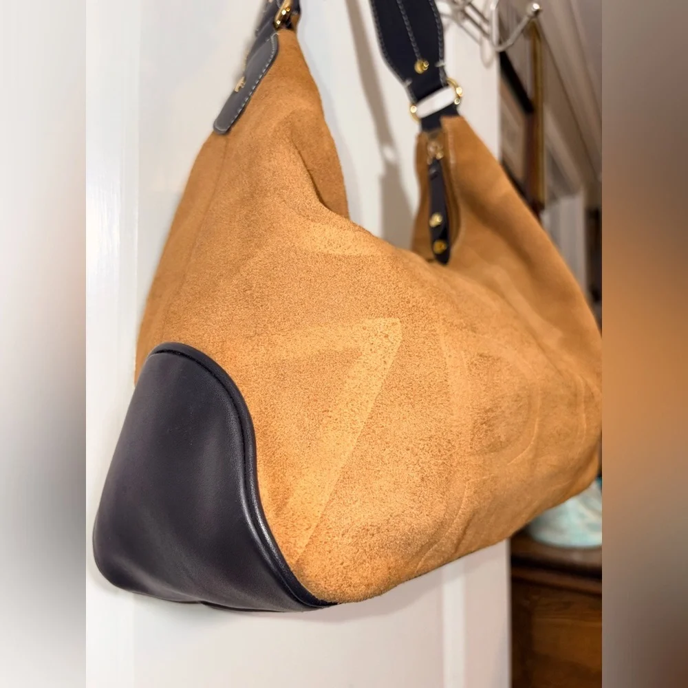 Isaac Mizrahi Brown Suede Logo Hobo Shoulder Bag Y2K